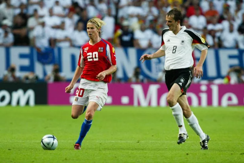 Jaroslav PLASIL of Czech Republic and Dietmar HAMANN of Germany during the European Championship match between Germany and Czech Republic at Estadio Jose Alvalade, Lisbon, Portugal on 23 June 2004 ( Photo by Eric Renard / Onze / Icon Sport )   - Photo by Icon Sport