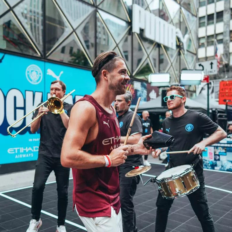 Jack Grealish of Manchester City Football Club at the Puma Block Party in partnership with Etihad Airways and Experience Abu Dhabi at 5th Avenue, East 49th Street on July 25, 2024 in New York, USA. (Photo by Tom Flathers/Manchester City FC)