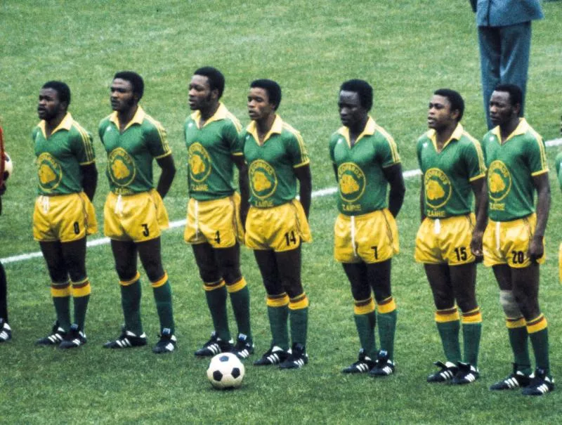 football, world championship, 1974, 1. Final Round, Group II, Park Stadium Gelsenkirchen, Zaire, Democratic Republic of Congo versus Brazil 0:3, team shot of Zaire, f.l.t.r. Mantantu Kidumu, keeper Muamba Kazadi, Mabwene Mana, Mwanza Mukombo, Raymond Bwang   Photo by Icon Sport   - Photo by Icon Sport