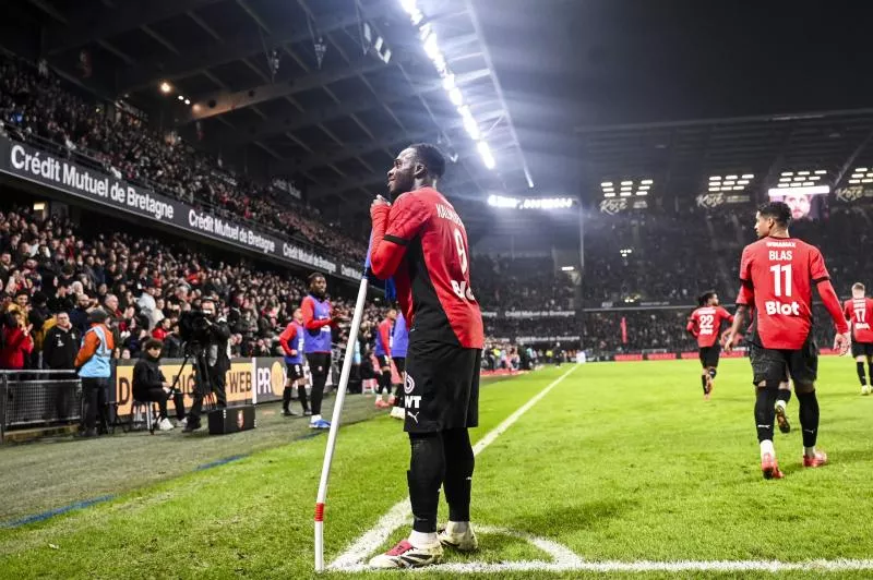 Arnaud KALIMUENDO of Rennes celebrates his goal during the Ligue 1 McDonald's match between Rennes and Saint-Etienne at Roazhon Park on November 30, 2024 in Rennes, France. (Photo by Anthony Bibard/FEP/Icon Sport)   - Photo by Icon Sport