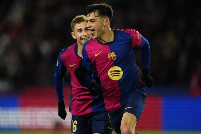 Pedro Gonzalez Pedri of FC Barcelona celebrates after scoring the 1-0 during the La Liga EA Sports match between FC Barcelona and Atletico de Madrid played at Lluis Companys Stadium on December 21, 2024 in Barcelona, Spain. (Photo by Bagu Blanco / Pressinphoto / Icon Sport via Getty Images)   - Photo by Icon Sport