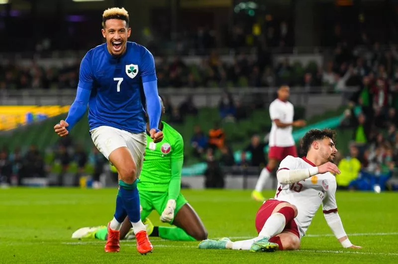 12 October 2021; Callum Robinson of Republic of Ireland celebrates after scoring his and his side's third goal during the international friendly match between Republic of Ireland and Qatar at Aviva Stadium in Dublin. Photo by Eóin Noonan/Sportsfile   Photo by Icon Sport   - Photo by Icon Sport