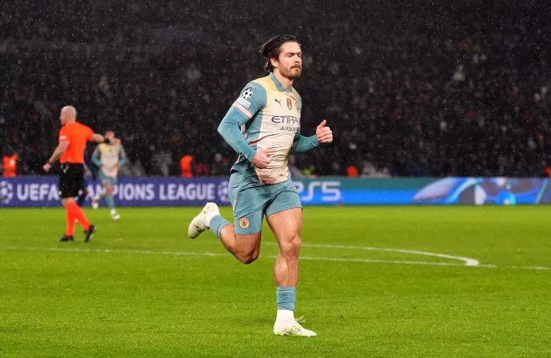 Manchester City's Jack Grealish celebrates scoring their side's first goal of the game during the UEFA Champions League, league stage match at Parc des Princes, Paris in France. Picture date: Wednesday January 22, 2025.   - Photo by Icon Sport