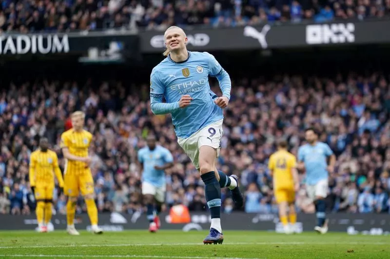 Manchester City's Erling Haaland celebrates scoring their side's first goal of the game from a penalty during the Premier League match at the Etihad Stadium, Manchester. Picture date: Saturday March 15, 2025.   - Photo by Icon Sport