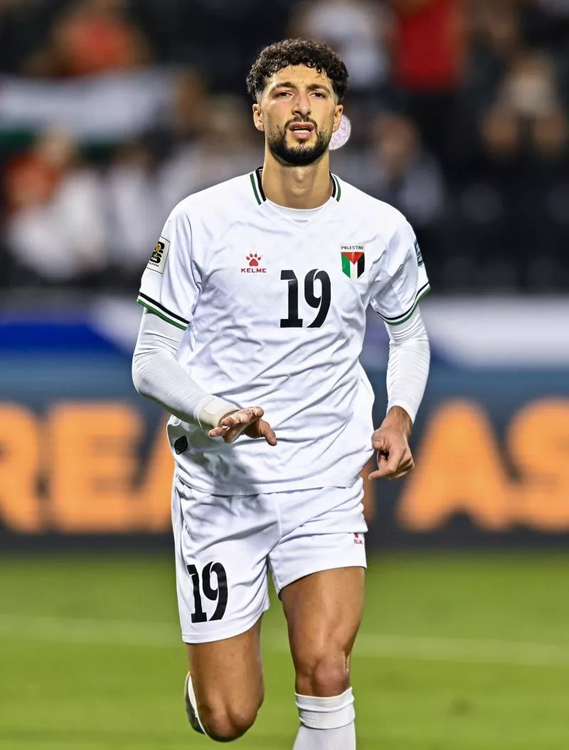 (241016) -- DOHA, Oct. 16, 2024 (Xinhua) -- Wessam Abouli of Palestine celebrates after scoring during the Group B match between Palestine and Kuwait at the 2026 FIFA World Cup Asian qualifiers at the Jassim Bin Hamad Stadium in Doha, Qatar, on Oct. 15, 2024. (Photo by Nikku/Xinhua)   - Photo by Icon Sport