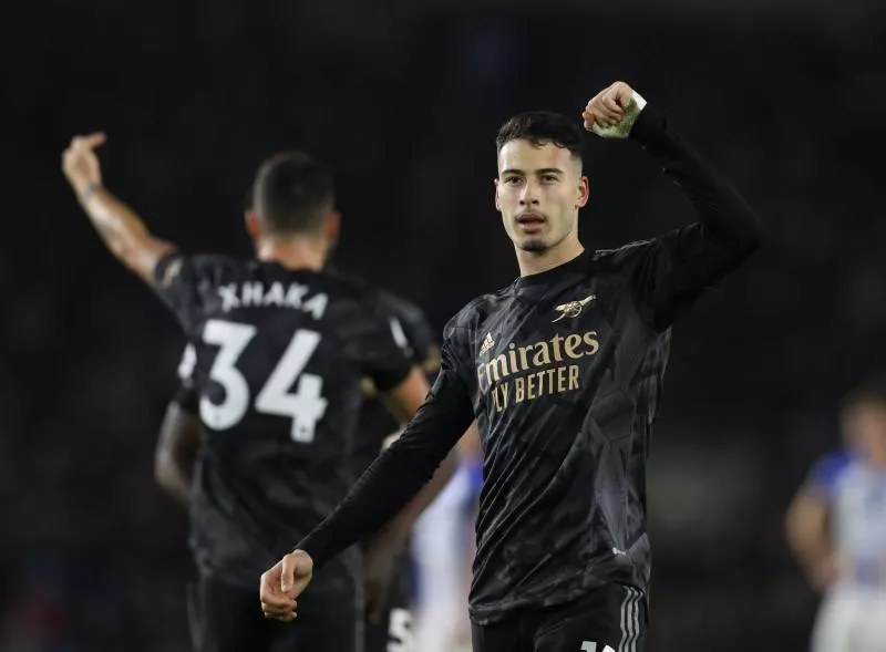 Brighton and Hove, England, 31st December 2022. Gabriel Martinelli of Arsenal (r) celebrates scoring their fourth goal during the Premier League match at the AMEX Stadium, Brighton and Hove. Picture credit should read: Paul Terry / Sportimage - Photo by Icon sport   - Photo by Icon Sport