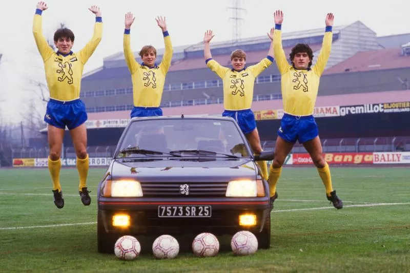 Romain Zandona, Thierry Fernier, Stephane Paille and Philippe Lucas of Sochaux with 205Gti Peugeot car during a Photo Session in Sochaux, France on 12th December 1984 ( Photo by Gerard Bedeau / Onze / Icon Sport ) - Photo by Icon Sport