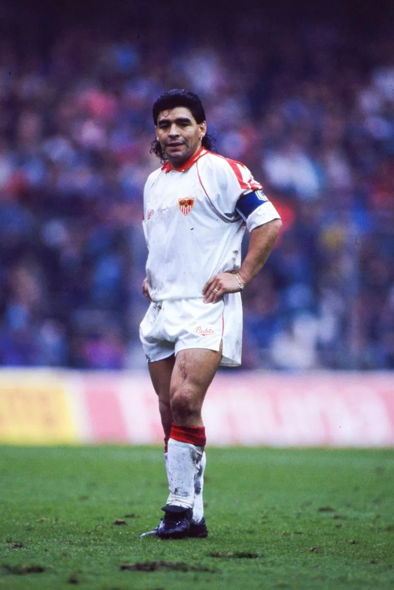 Diego Armando Maradona of Sevilla during the Liga match between Athletic Bilbao and Sevilla at San Mames Stadium, Bilbao, Spain on October 4th 1992 ( Photo by Eric Renard / Onze / Icon Sport )   - Photo by Icon Sport