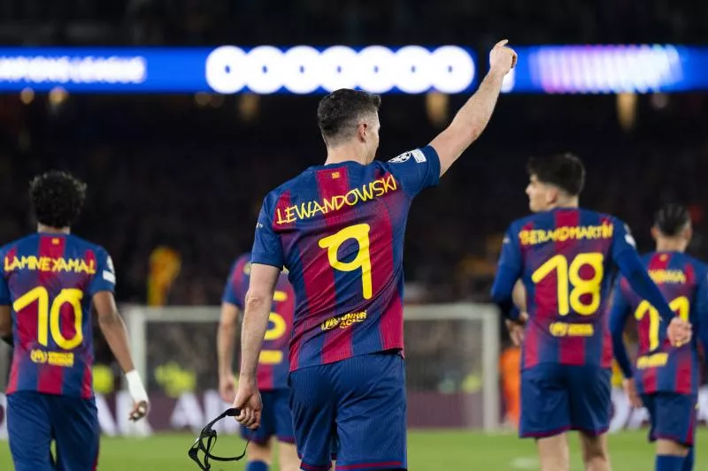 Robert Lewandowski (FC Barcelona) celebrates after scoring his second goal during the Champions League football match between FC Barcelona and Newcastle United FC, at Camp Nou Stadium in Barcelona, Spain, on March 18, 2026. Foto: Siu Wu   - Photo by Icon Sport