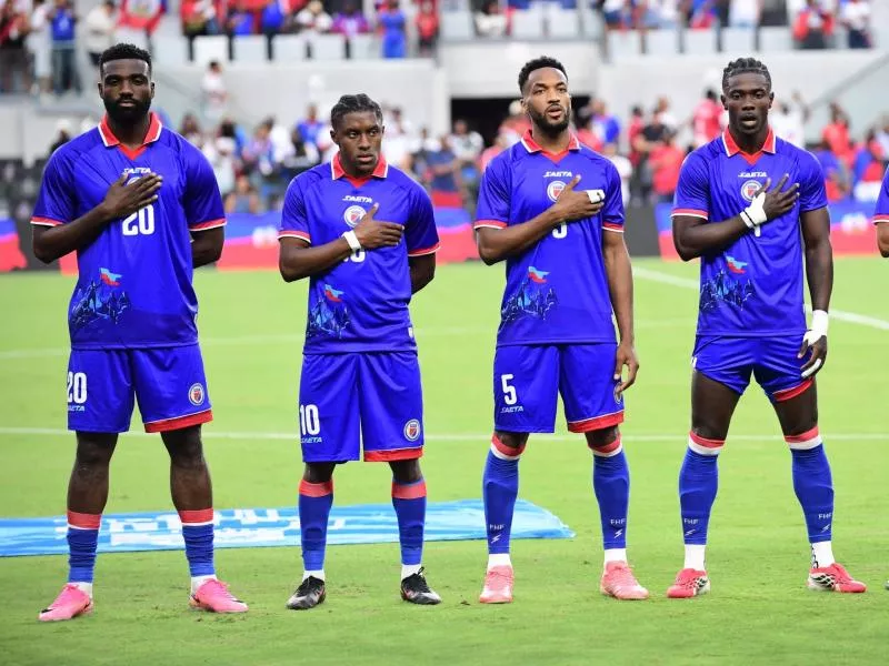 Players from Haiti stand for their national anthem prior to the match between Haiti and Peru in a FIFA World Cup 2026 International Friendly at the Nu Stadium on June 5, 2026 in Miami, Florida. (Photo by JC Ruiz/Sipa USA) - Photo by Icon Sport